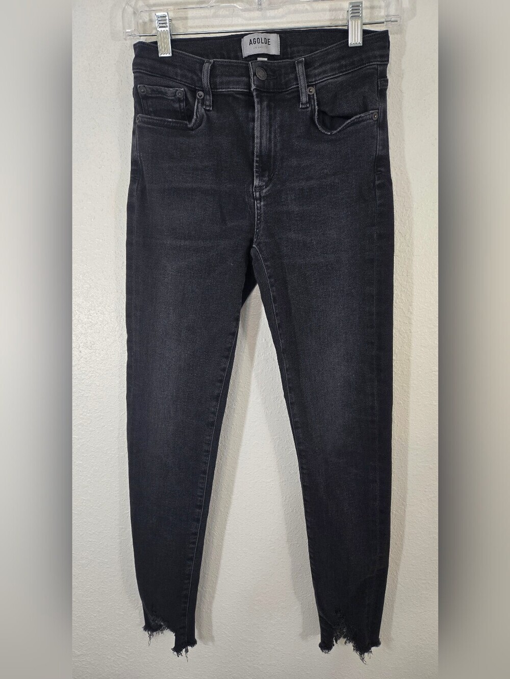 Agolde Black High-Rise Skinny Jeans Raw Hem Distressed Stretchy Soft, size 27